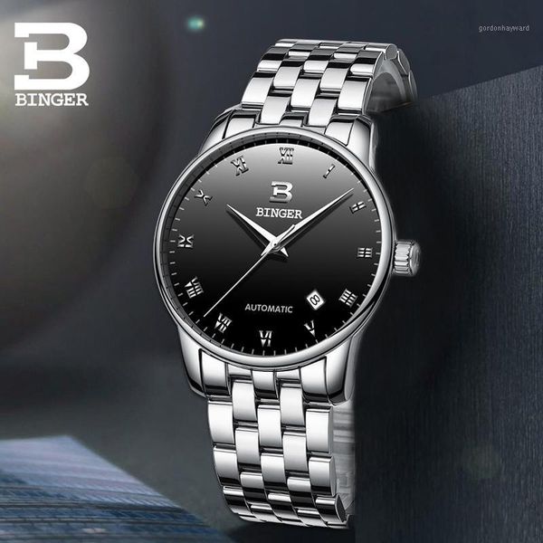 

switzerland binger brand fashion design luxury men watches stainless steel simple automatic mechanical watch reloj hombre wristwatches, Slivery;brown
