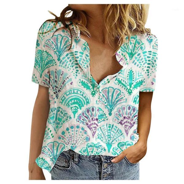 

women's blouses & shirts lovely shell print button lapel v neck cardigan lady loose short sleeve oversized shirt beach wear blusas muje, White