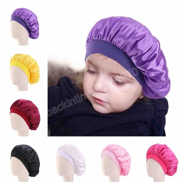 

baby girls satin bonnet newborn infant elastic nightcap protective hair cap suit for 1-8years children kids hair accessories, Yellow