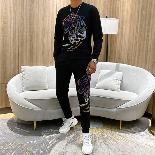 

men's tracksuits luxury high-quality sportswear shinning diamond tiger brand slim 2-piece set man soft cotton autumn winter clothing, Gray