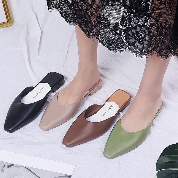 

pointed toe slippers soft female shoes slides fashion loafers comfort 2021 flat cover luxury rubber rome basic bonded leather, Black