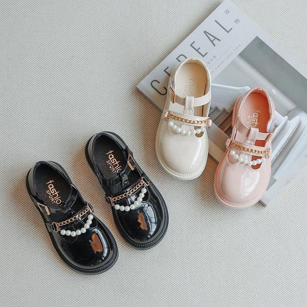 

flat shoes fashion children casual kids breathable princess for girls solid color mary jane pearl leather, Black;grey