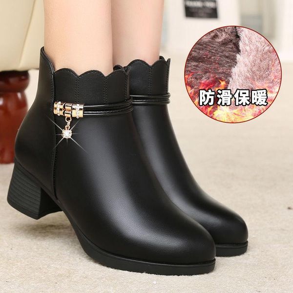 

boots shoes for women leather heel winter zapatillas mujer chaussure femme, Black