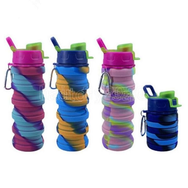 

500ml camouflage water bottle silicone fold telescopic tumbler carabiner sports drinks cups portable hiking camping equipment 2021 fy4515