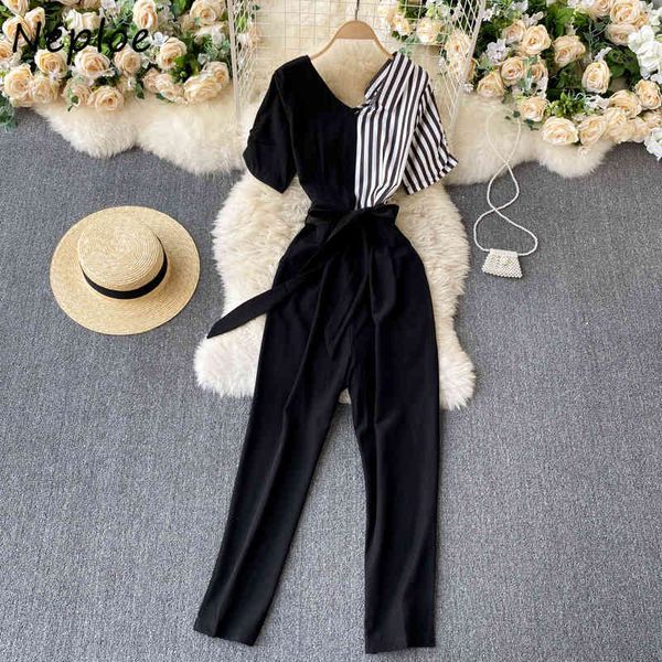 Neploe Work Style Ol Temperament Jumpsuits Frauen Hohe Taille Hüfte Breites Bein Bodysuit Hit Farbe Gestreift Kurzarm Playsuit Sommer 210423