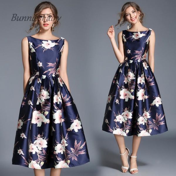 

bunniesfairy 2021 spring high end fashion women clothing retro flower floral print navy blue vest dress wedding party cocktail casual dresse, Black;gray