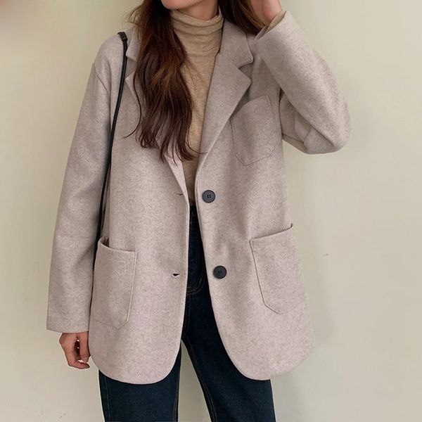 

women's suits & blazers woman casual jacket wool blend long coat 2021 autumn winter single breasted solid pockets fashion korean style, White;black