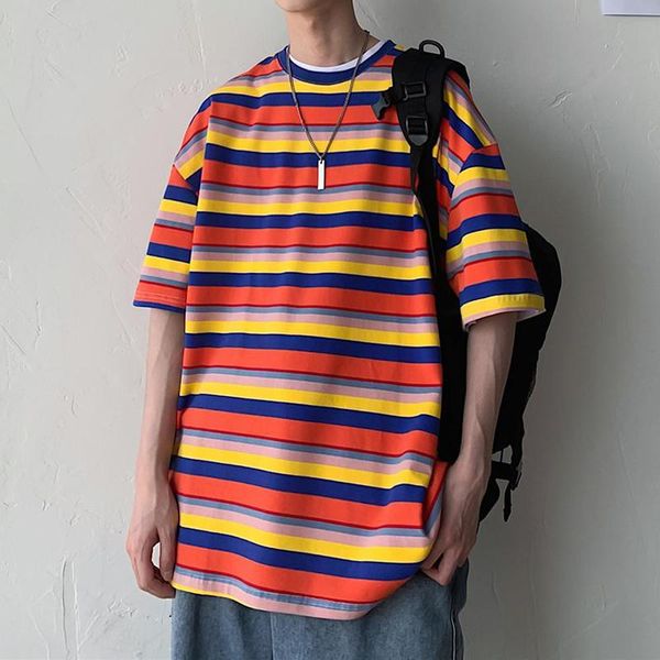 

men's t-shirts rainbow striped 3xl oversized summer couples t shirt short sleeve o neck harajuku men korean fashion 2021 woman streetwe, White;black