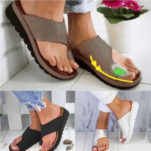 Kadın Ayakkabı Terlik PU Deri Rahat Platformu Düz Tek Bayanlar Rahat Yumuşak Büyük Ayak Ayak Düzeltme Sandal Ortopedik Bunyon Düzeltici-C