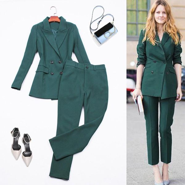 

women's two piece pants work pant suits for women office business ladies elegant double breasted blazer jacket trousers set green styli, White