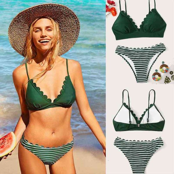 

scalloped trim halter bikini set two pieces micro print stripe swimwear women push up bather biquini bathing suit, White;black