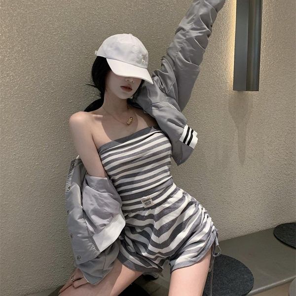

women's tracksuits autumn fashion striped matching sets short off shoulder backless tube high waist drawstring pleated shorts casual se, Gray
