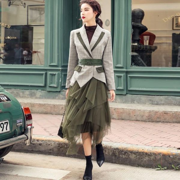 

women's tracksuits fashion office elegant lady autumn notched long sleeve plaid blazer with belt and asymmetric mesh skirt suit, Gray