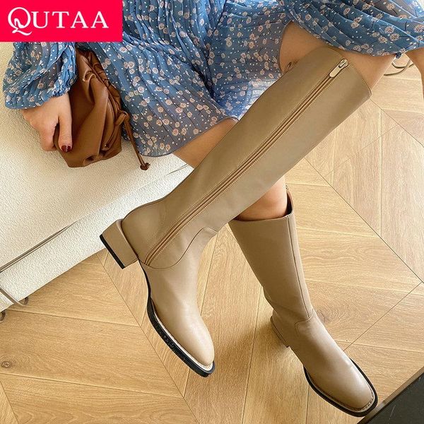 

boots qutaa 2022 square low heel fashion knee high microfiber women shoes platform buckle zipper ladies big size 34-39, Black