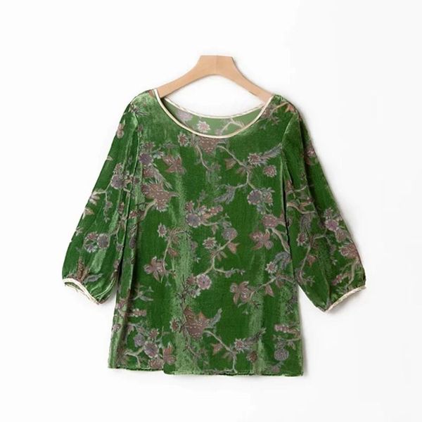 

women's blouses & shirts women's u neck blouse velvet floral print retro three quarter sleeve ladies, White