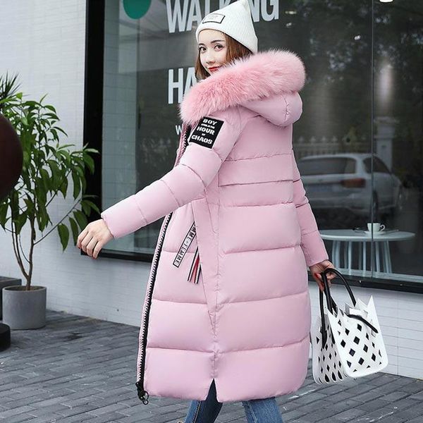 

downs winter jacket coat long slim solid color female jackets zip fur collar women down jacke, Black