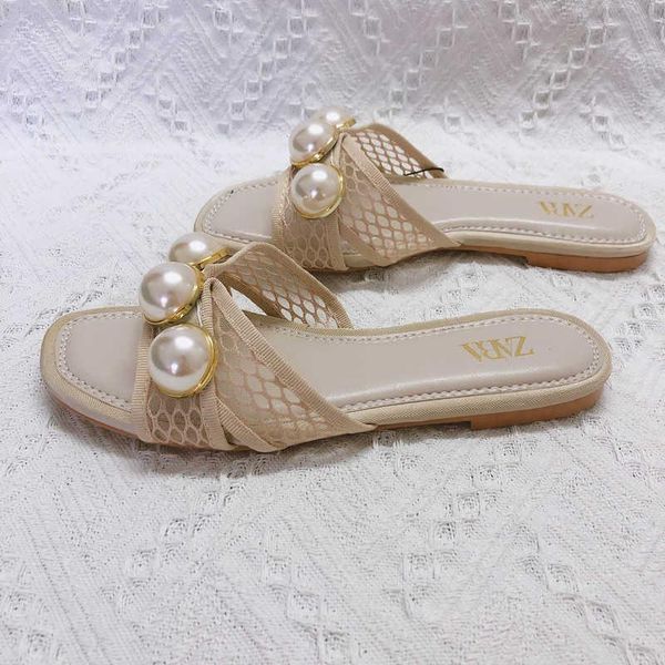 

sandals beige pearl flat with open toe and empty mesh low heel, Black