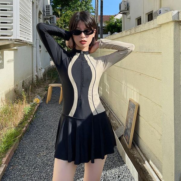 

two-piece suits surfing suit zipper rash guard women one piece swimdress plus size diving suncreen swimwear boyshort sports swimsuit