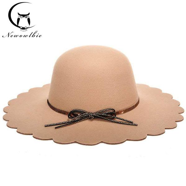 

stingy brim hats 2021 women's spring and autumn fedora hat along the woolen bonnet bow wide-brimmed lace fashion, Blue;gray