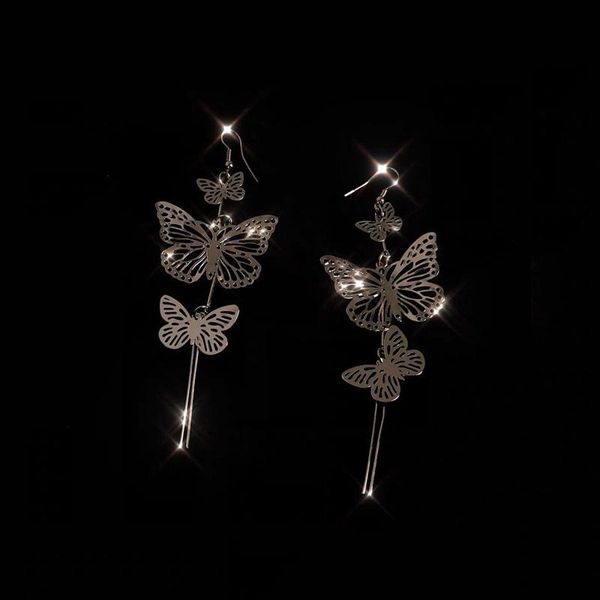 

dangle & chandelier ins hip-hop hollow butterfly earrings vintage long ear clips for women fashion jewelry gift, Silver