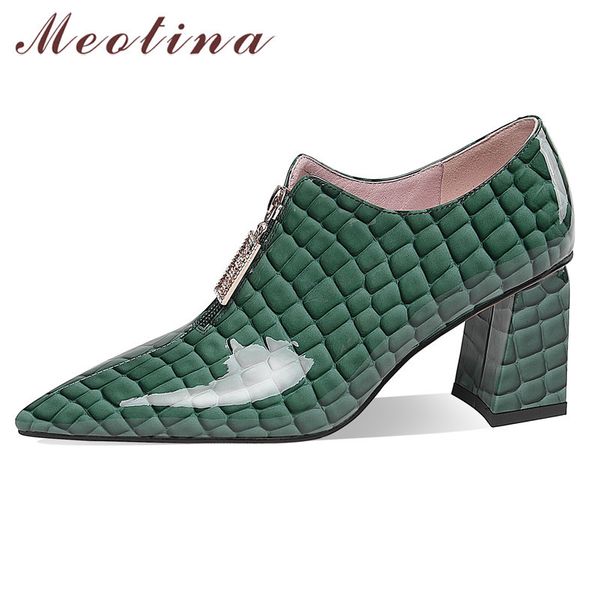 Meotina Hakiki Deri Yüksek Topuk Ayakkabı Kadın Sivri Burun Moda Kristal Fermuar Kalın Topuklu Ayakkabı Kadın Bahar Yeşil 210520