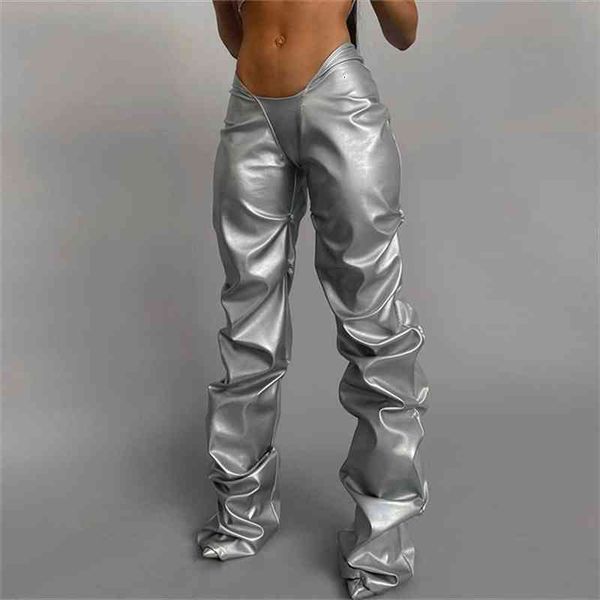 

solid faux pu leather shiny women pants hipster high street irregular shape folds clothing elastic waist female streetwear, Black;white