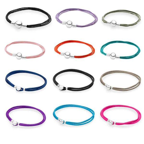 Pulseira de couro colorido pulseira de cadeia tecida para as mulheres com encantos de prata Fit Pandora momentos Único controle deslizante preto duplo