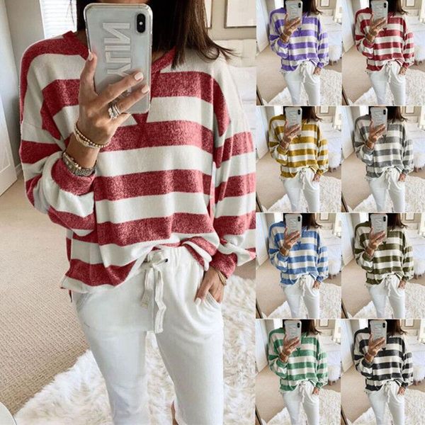 

women's t-shirt 2021 camiseta mujer tshirt vintage tee women fashion casual stripe print long sleeve o-neck loose shirts #281028, White