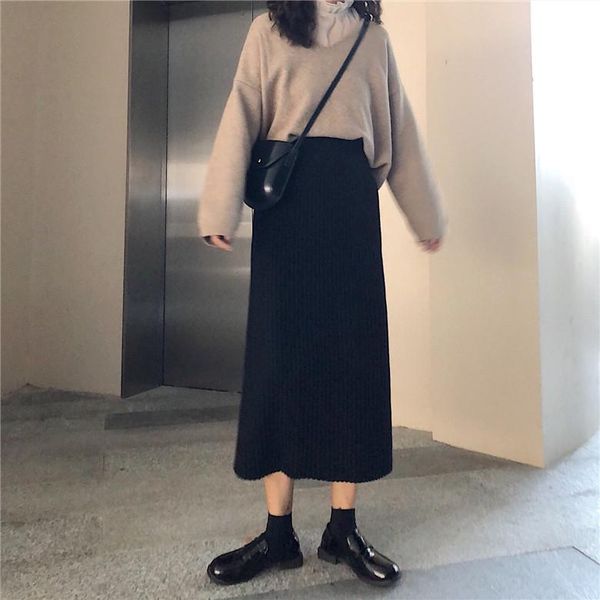 

skirts high waistband women winter autumn spring fashion vintage boho midi long casual knit skirt korean ladies slim solid sueter, Black