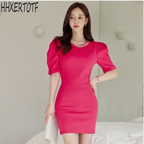 

spring women o-neck puff sleeve pencil bodycon dres short sheath dresses vestidos 210531, Black;gray