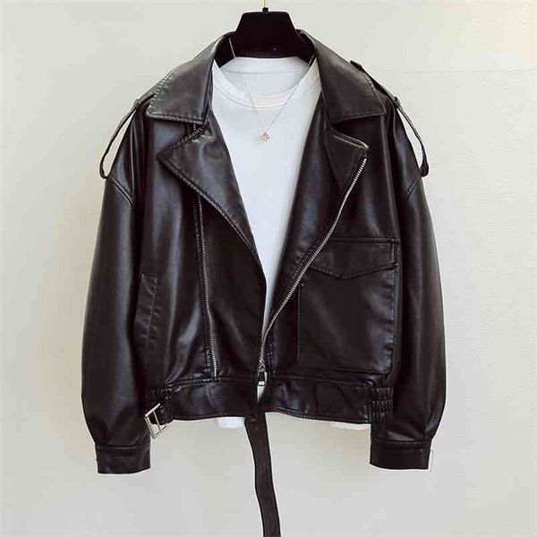 

spring autumn female faux leather jacket short sashes loose pu coat women moto biker fashion streetwear 210430, Black