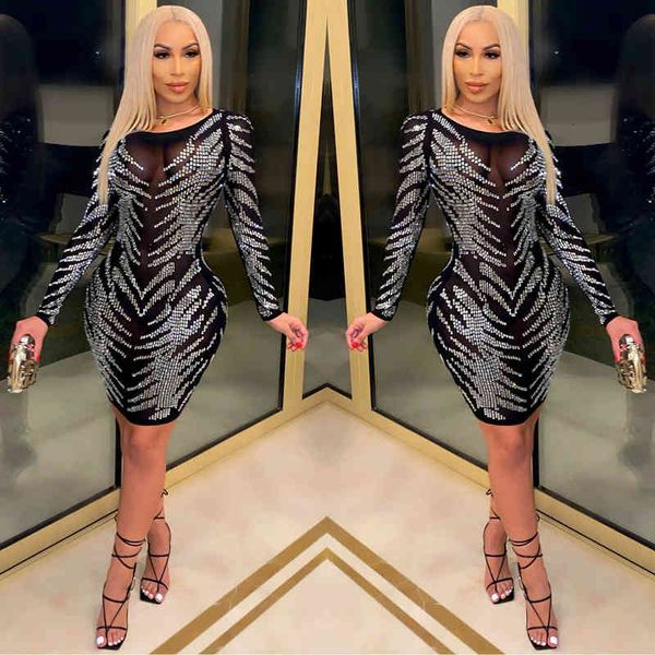 

casual dresses x5003 dresses autumn and winter nightclub screen perspective drill long sleeve short skirt, Black;gray