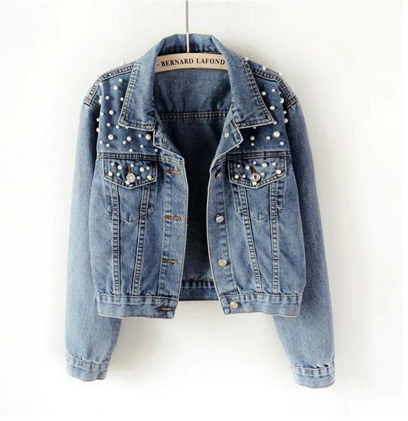 

women's jackets spring jacket 2021 ladies short denim female rivet beads pearl loose jeans women fashion coat, Black;brown