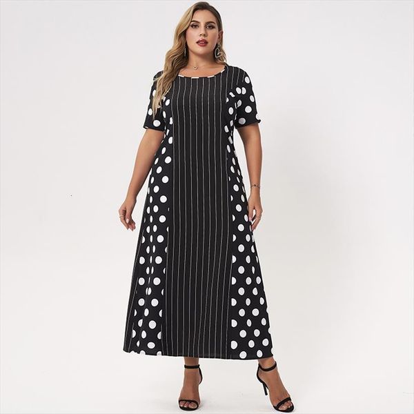

summer products large size women dresses casual round neck short sleeve stitching polka dot stripe a line black long dres, Black;gray