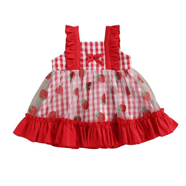 

cute baby girls square collar dress with bow-knot plaid strawberry print sleeveless sundress for summer casual clothing girl's dresses, Red;yellow