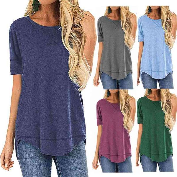 

women's t-shirt summer solid round neck sleeve front short back long 3tfw, White