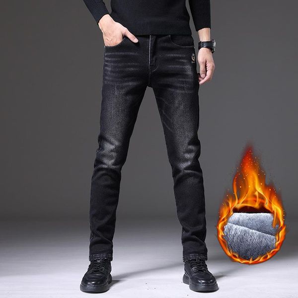 

men's jeans 2021 winter thick warm classic style business casual regular fit elasticity denim pants male, Blue