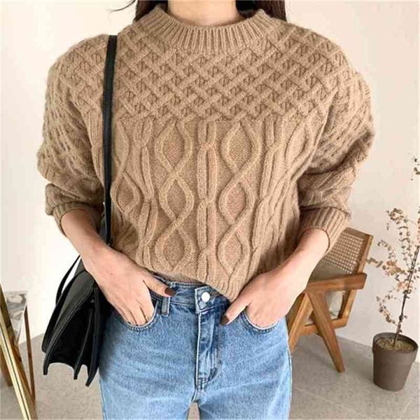 

chic warm o-neck twisted knitted women jumpers pullover winter loose female fashion sweaters femme 210513, Black