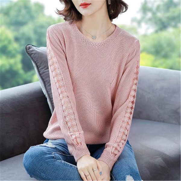 

women's sweaters 2021 autumn winter stitching lace knitted sweater women flowers hollow loose round neck solid color casual jumpers fem, White;black