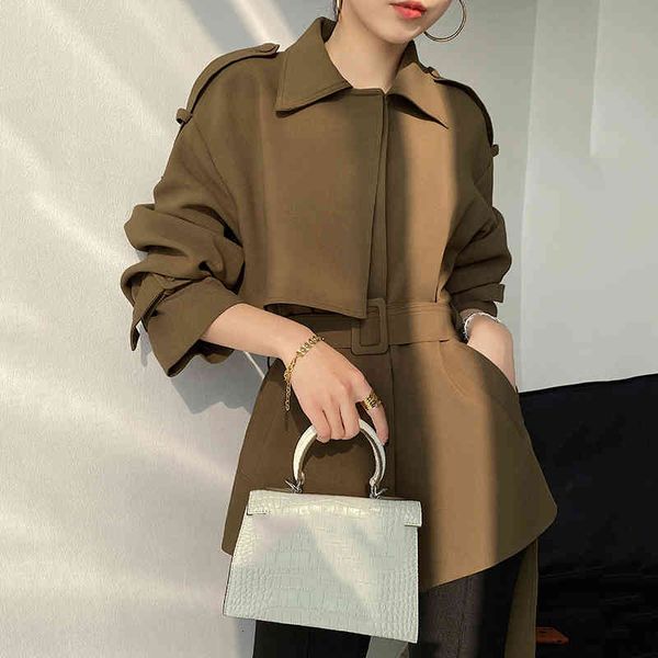 

women's trench coats [eam] women brown stitch big size lapel long sleeve loose fit windbreaker fashion spring autumn 2022 1db309 1sb1, Tan;black