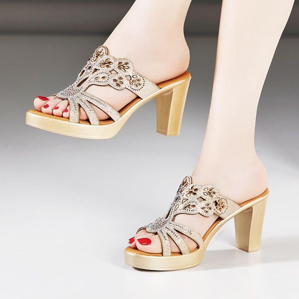 

plus size 32-43 block heel rhinestone wedding shoes summer slippers women 2021 high heels slides ladies party office, Black