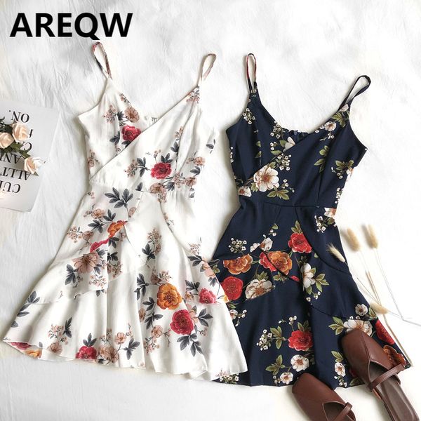 

summer retro temperament floral v-neck sling irregular ruffle dress short women 210507, Black;gray
