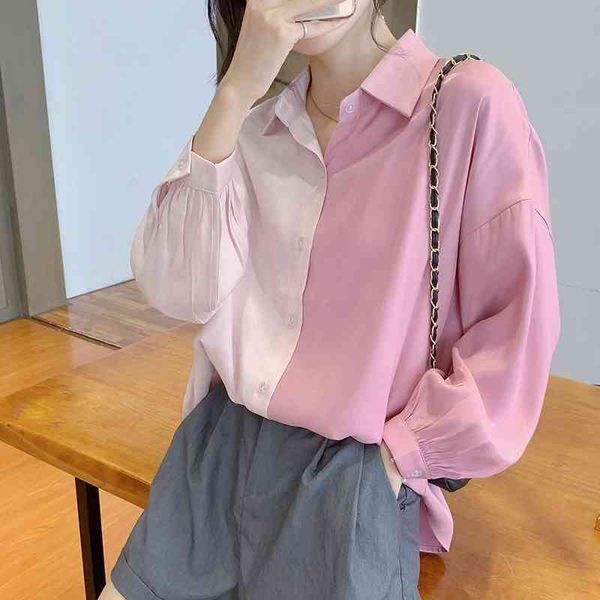 

color matching shirt women's splicing shirt blusas mujer de moda long sleeve loose korean version women blouse 680d 210420, White