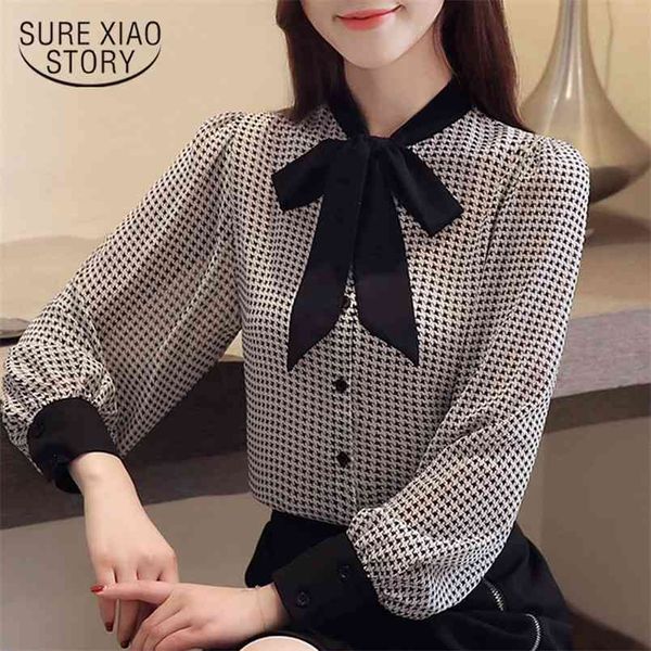 

fashion womens and blouses bow collor office blouse plaid chiffon shirt long sleeve shirts female 2413 50 210506, White