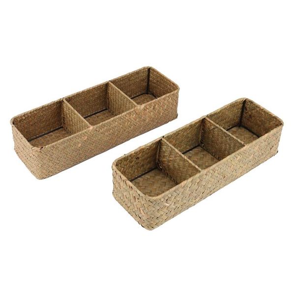 

storage baskets 3-section wicker for shelves, hand-woven water hyacinth baskets, 2-pack toilet paper basket