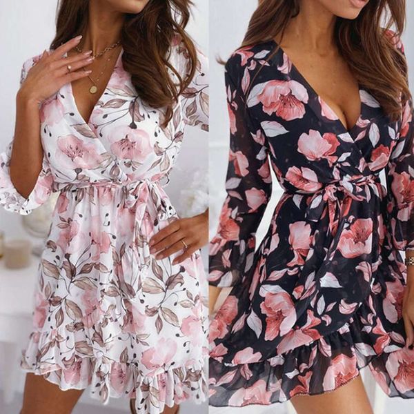 

women's summer v-neck printed lantern sleeve ruffle dress, Black;gray