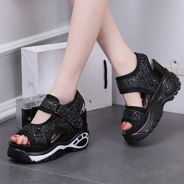 

women's leather sandals spring summer ladies walking shoes fashion casual high platform med heel wedges walk, Black