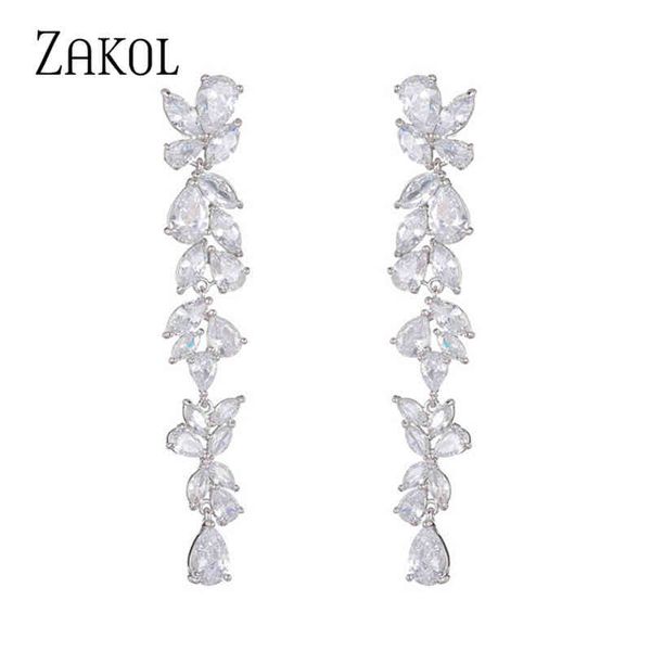 

zakol luxury gorgeous aaa cubic zirconia flower long dangle drop earrings for women bridal wedding jewelry gift fsep385, Bronze;silver