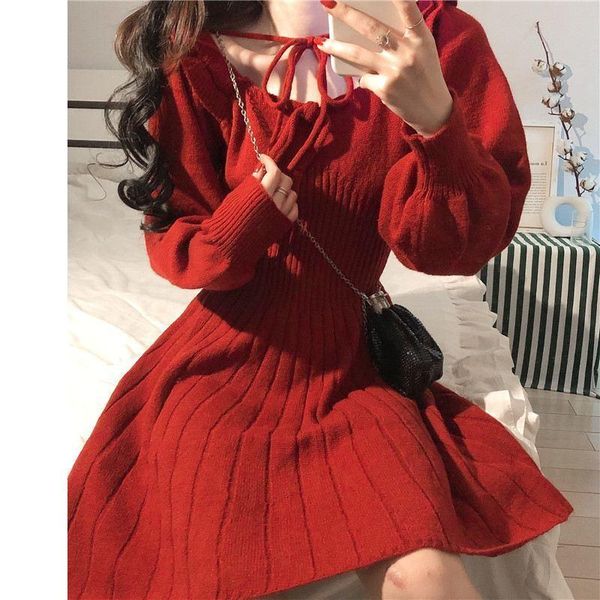 

casual dresses women winter elegant kawaii mini dress sweet knitted female japanese style korean party christmas clothes 2021, Black;gray