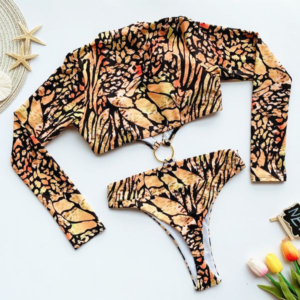 

2021 print one piece swimsuit deep v swimwear women long sleeve swimsuit hollow out swimwear thong bathing suits beach wearswimwear bat